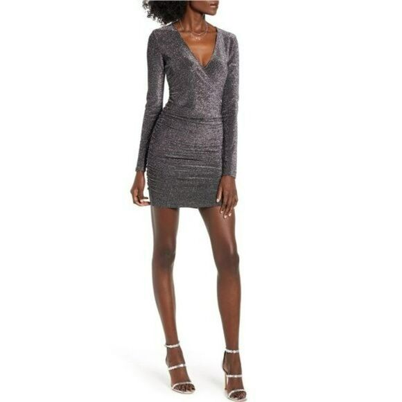 Leith Silver Metallic Long Sleeve Wrap Bodycon Dress sz S - Picture 2 of 10